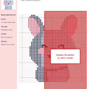 Image of a charming grey bunny cross stitch pattern design, featuring pink ears and rosy cheeks. Perfect for beginners.
