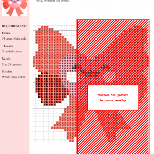 Image of a cross stitch pattern depicting a cute, heart-shaped design tied with a red ribbon.