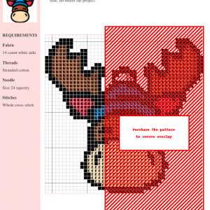 Cross stitch pattern featuring a cute moose wearing a blue knit hat. Brown, blue, and red colors are used.