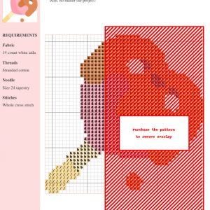 Cross stitch pattern design of a heart-shaped ice cream pop with chocolate topping and cute eyes.