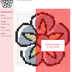Image of a charming cross stitch pattern featuring a stylized forget-me-not flower in shades of light blue and yellow.