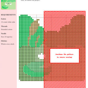 Cross stitch pattern featuring a cute cartoon frog sitting on a lily pad in a swamp, surrounded by stylized green reeds.