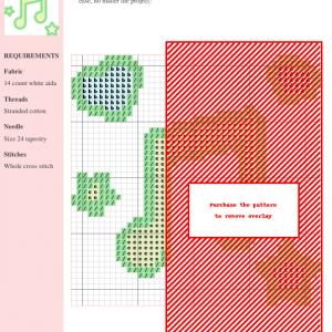 A charming cross stitch pattern featuring a musical note surrounded by pastel hearts and stars.