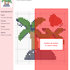 Cross stitch pattern featuring two stylized palm trees on a small island, with a red heart floating nearby. Perfect for beginners.