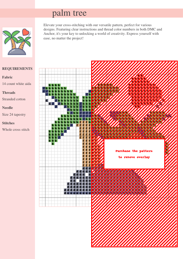 Cross stitch pattern featuring two stylized palm trees on a small island, with a red heart floating nearby. Perfect for beginners.