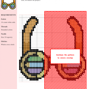 Cross stitch pattern of round eyeglasses with pastel rainbow lenses and orange frames.