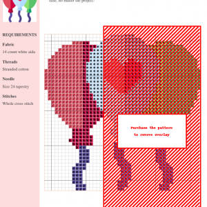 Image of a cross stitch pattern featuring three balloons: red, light blue, and green, each with a color gradient and a central red heart on the light blue balloon.
