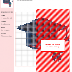 Image of a charming cross stitch pattern depicting a graduation cap and medal, perfect for graduation gifts or personal projects.