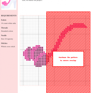 Cross stitch pattern of a white high-heeled shoe with a pink bow and strap. Perfect for crafting and needlework projects.