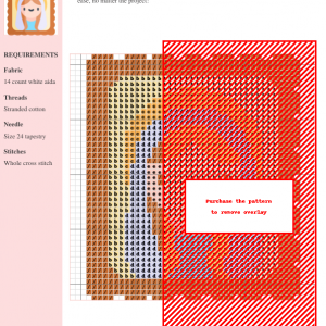 Cross stitch pattern featuring a stylized image of the Virgin Mary in a framed icon, featuring warm colors and simple lines.