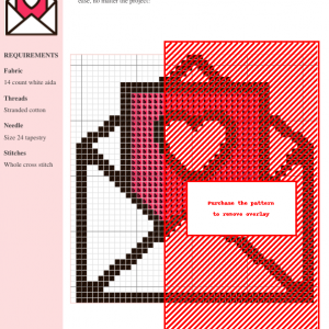 Cross stitch pattern depicting an open envelope with a red card showing a white heart. Perfect for Valentine's Day crafting.