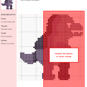Cross stitch pattern of a Baryonyx dinosaur, rendered in shades of purple. The design is detailed and suitable for intermediate stitchers.