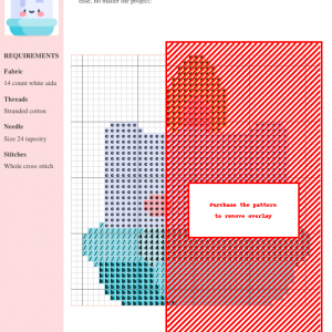 Cross stitch pattern of a cute, kawaii-style scented candle with a smiling face, light blue holder, and yellow flame.