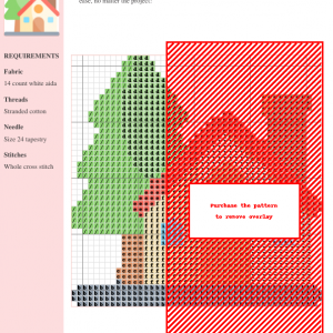 Cross stitch pattern depicting a charming house with a red roof, light yellow walls, blue windows, and a green evergreen tree beside it.