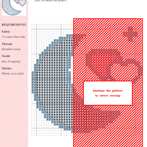 Cross stitch pattern featuring a crescent moon and two overlapping pink hearts, a star, and subtle sparkle details. Romantic design perfect for beginners.