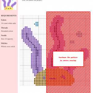 Cross stitch pattern of a cute, smiling yellow sea creature with purple seaweed strands, featuring light blue bubbles for a whimsical underwater scene.