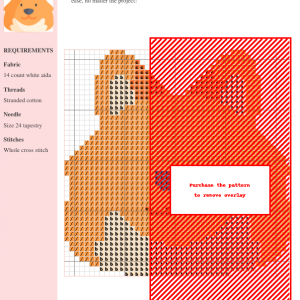 A charming cross-stitch pattern featuring a simplified design of an orange Pomeranian dog.