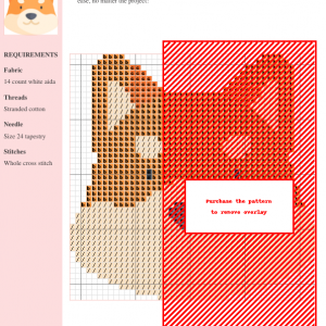Image of a cross stitch pattern featuring a cute Shiba Inu dog's head, predominantly orange and white.