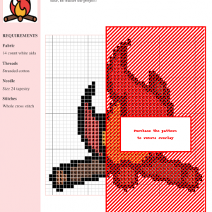 Image of a campfire cross stitch pattern featuring a stylized flame in shades of red and orange atop brown logs.