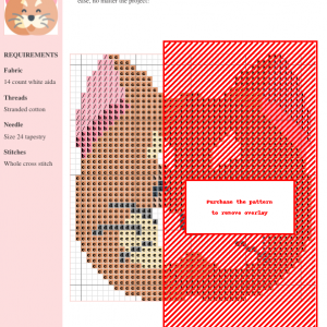 Cross stitch pattern featuring a charming shorthair cat with pink ears and a cheerful expression. The design is simple and perfect for beginners.