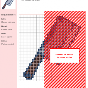 Cross stitch pattern depicting a detailed butcher knife, showcasing a dark brown handle and a silver blade. Suitable for kitchen décor or a unique gift for a chef.