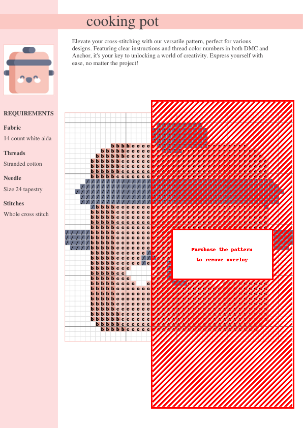 Cross stitch pattern depicting a cute, cartoonish cooking pot with a smiling face, in soft pink and gray colors.