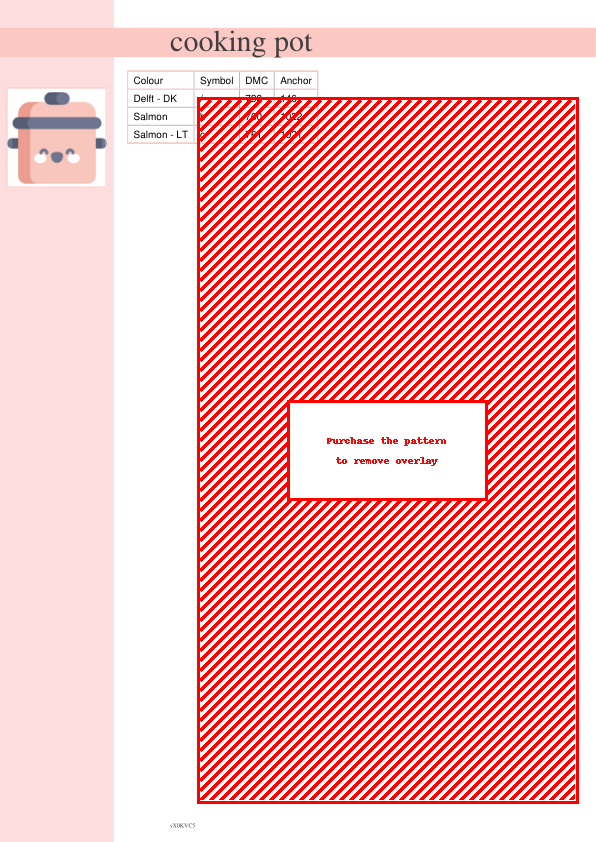 Cross stitch pattern of a cute, smiling cooking pot in peach and grey, perfect for kitchen décor or a charming gift.