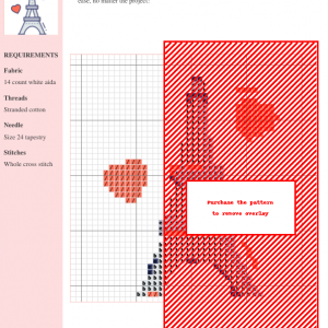 Cross stitch pattern depicting the Eiffel Tower with two floating hearts, in a light grey, blue, and red color scheme.