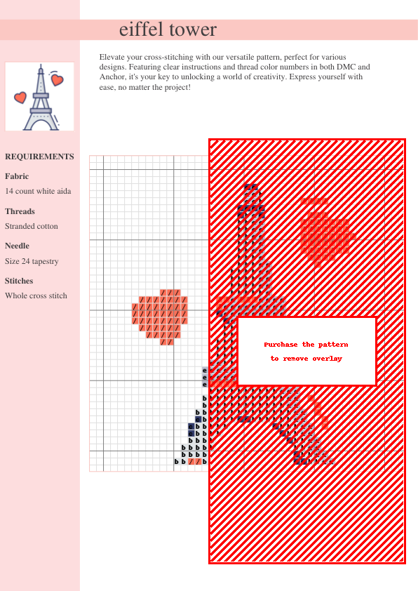 Cross stitch pattern depicting the Eiffel Tower with two floating hearts, in a light grey, blue, and red color scheme.