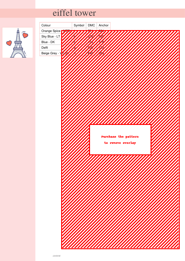 Image of a charming cross stitch pattern featuring the Eiffel Tower and hearts, perfect for romantic projects.