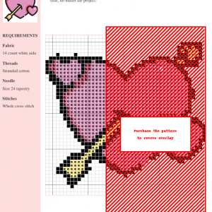Cross stitch pattern of a pink heart pierced by an arrow, with smaller hearts surrounding it. A cute and romantic design ideal for Valentine's Day projects.