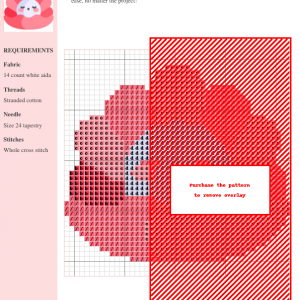 Cross stitch pattern featuring a charming cartoon seashell with a sleeping face, in shades of pink and white.