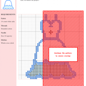 Cross stitch pattern of a light blue dress with a scalloped hem and small red buttons.