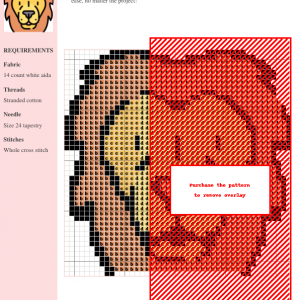Cross stitch pattern featuring a stylized lion's face in warm orange and yellow tones.