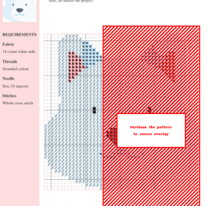 Cross stitch pattern featuring a charming Samoyed dog's head, in soft pastel blue and white with pink ears.