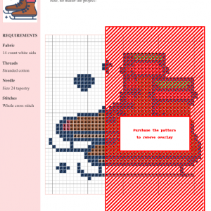 Cross stitch pattern depicting a pair of brown ice skates with colorful socks, perfect for winter-themed crafting projects.