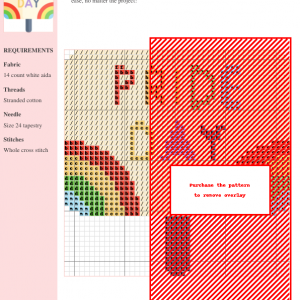 Cross stitch pattern showcasing 'PRIDE DAY' in rainbow colors, flanked by two rainbow arcs.