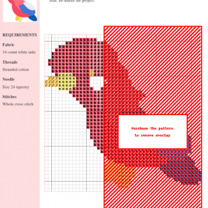 Cross stitch pattern depicting a Cock of the Rock bird with red, blue, white, and yellow colors.