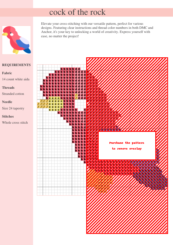 Cross stitch pattern depicting a Cock of the Rock bird with red, blue, white, and yellow colors.