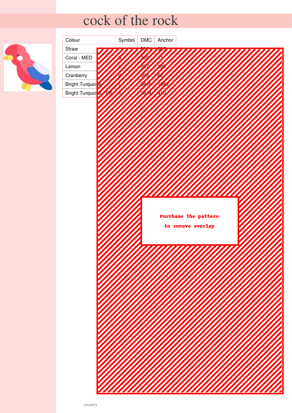 Cross stitch pattern featuring a colorful Cock of the Rock bird, showcasing red, blue, white, and yellow details.