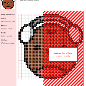Cross stitch pattern featuring a cute cartoon robin wearing headphones, in brown, red, white, and yellow.