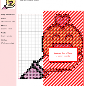 Cross stitch pattern of a smiling face held in a caring hand, topped with a heart. Features pink and yellow tones.