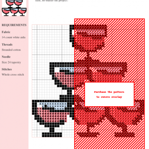 Cross stitch pattern featuring a pyramid of six champagne flutes filled with pink liquid. A charming and elegant design for crafting.