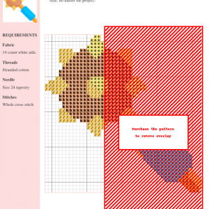Cross stitch pattern of a medieval mace with orange and yellow head and blue handle.