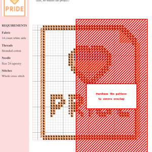 Cross stitch pattern design featuring a pastel rainbow heart and the word 'PRIDE'.