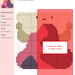 Cross stitch pattern featuring a cute cartoon volcano erupting pink and purple lava.