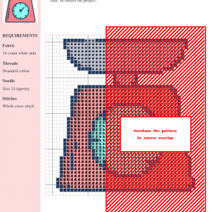 Cross stitch pattern depicting a vintage-style weigh scale with a red base and teal face.