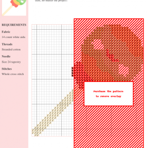 Cross stitch pattern of a cute cartoon lollipop with green, yellow, and red colors.