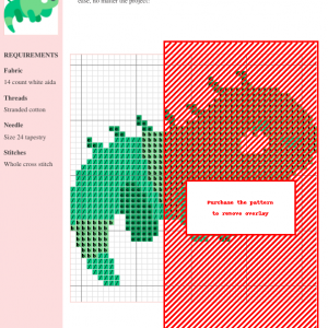 Image of a charming green iguana cross stitch pattern. The design features a simplified, cute iguana with varying shades of green.
