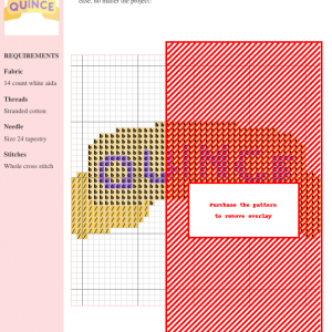 Image of the 'Quince' cross stitch pattern, featuring a delicate banner design with the word 'QUINCE' embroidered in purple on a pale yellow background.